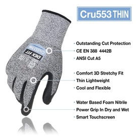DEX FIT Cru553 Thin 15 Gauge, Level 4 Cut Resistant Gloves, 3D Comfort Stretch Fit, Power Grip, Durable Nitrile Foam, Smart Touch, Machine Washable, Lightweight, Grey M (8) 3 Pairs