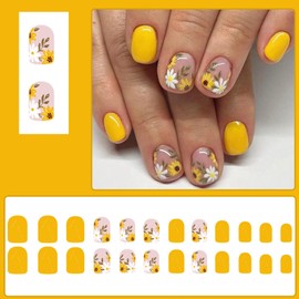 Viugex 24Pcs Yellow Sunflower Press on Nails Short Square, French Tip False Nails, Soft Gel Fake Nails Kit in 12 Sizes, Glossy Reusable Glue on Nail Acrylic Full Cover Stick on Nail for Women Girls
