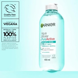 Garnier Skin Active Agua micelar desmaquillante Pure Active para piel mixta y grasa, 400ml. Desmaquilla, limpia y matifica