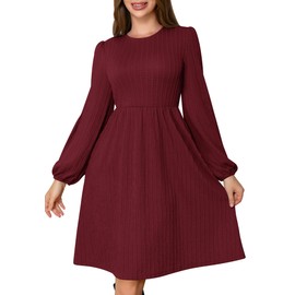 MarryUP Womens Sweater Dresses 2025 Long Sleeve Crew Neck Casual Fall Tunic A-Line Swing Dress Mini Knit Babydoll Dress with Pockets Burgundy XL
