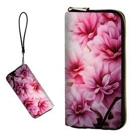 DIGTIALL Women's RFID Blocking Wallet PU Leather Slim Bifold Wristlet Clutch with Large Capacity,16 Card Slots & Zipper Coin Purse Pocket Ladies Travel Purse Wristlet,Pink Flowers