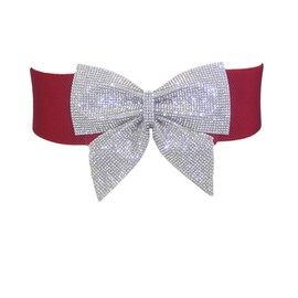 Big Rhinestone Bow Elastic Peplum Waistband Wide Wedding Dress Belts for Women, Red, Waist: 23.5"-37"