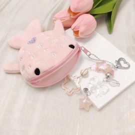 Cute Keychain Whale Shark Coin Purse Keychain,Kawaii Plush Change Purse with Zipper Aesthetic Key Chain Handmade Bag Charms (Pink)