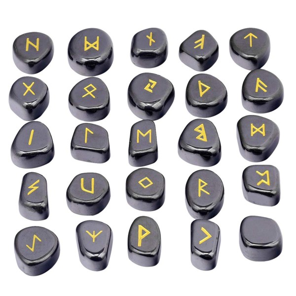 KYEYGWO Hematite Witches Runes Set, Rune Stones with Engraved Elder Futhark Runic Alphabet for Divination Meditation Healing
