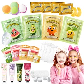 28Pcs sleepover party supplies for girls,4 Set Spa Party Favors kit with Facial Masks Eye Patches Hand Cream Lip Balm Foot Bath Bombs,Ideal Gift for Sleepovers & Birthdays,Safe for All Skin Types