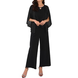 WOMLAYOUT Women's 2 Pieces Sets Elegant Chiffon Sleeve Top Wide Legs Pants Mother of Bride Suits Small Black