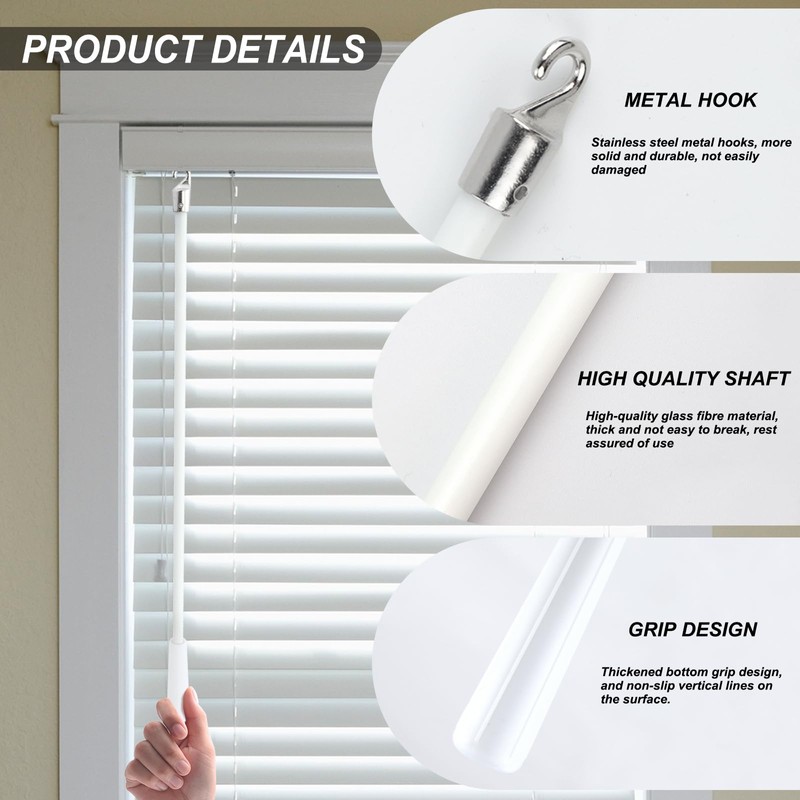 12.2" White Fiberglass Blind Rod with Metal Hooks, Window Roller
