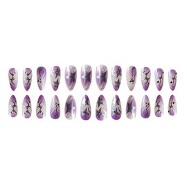 Almond Press on Nails Medium Glue on Nails 3D Stars Rhinestones Swirls Fake Nails Purple Smudge Acrylic Nails Glossy Translucent Artificial Nails for Women 24 Pcs