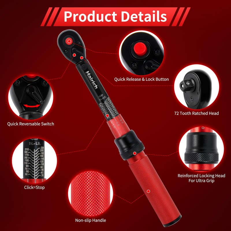 Hairich 1/4-Inch Drive Click Torque Wrench Set,2.3-24.9 N.M/20-220IN.LB, Bike Torque