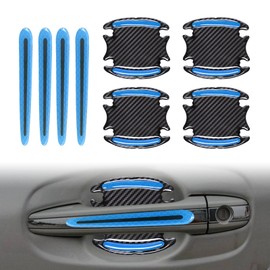 8pcs Car Door Handle Paint Scratch Protector Sticker, Universal 3D Carbon Fiber Auto Door Handle Scratch Cover Guard, Protective Film Pad with Safety Reflective Strips(Blue)