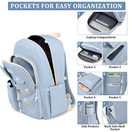 School Bookbag Laptop Backpack for Girls: 15.6 Inch Cute Student Backpacks for Elementary Middle High School Casual Anti theft Travel Back Pack Aesthetic College Schoolbag For Teens Boys Women (Blue)