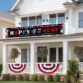 Tiamon 3 Pcs Patriotic Decorations 4th of July Banner with Bunting Fan Flags Red White and Blue Pleated Half Fan Banner American Flag Backdrop for Independence Memorial Day Party Supplies Outdoor