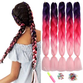 ShowJarlly 5 Packs Ombre Jumbo Braid Hair, Purple/Peach/Light Pink Kanekalon Hair African Braid Extension, 24inch Box Braid Hair Extensions Synthetic Colorful Hair Extensions for Braiding