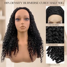 Burmese Curly Half Wig Human Hair for Black Women,Wear & Go Drawstring Wig | 18 Inch Glueless Kinky Cury Half Wigs with Spiral Curly Ends,3 in 1 Seaml