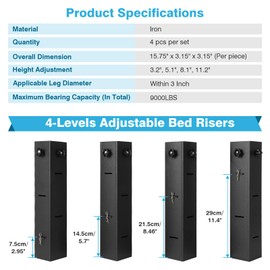 IRONWALLS 4-Pack Metal Bed Riser for Dorm Room, 3.15” Diameter Square Bed Frame Risers Adjustable Furniture Risers Lift to 11”, 8”, 5”, 3” Height, College Dorm Bed Lifting Kit Hold Up to 9000LBS