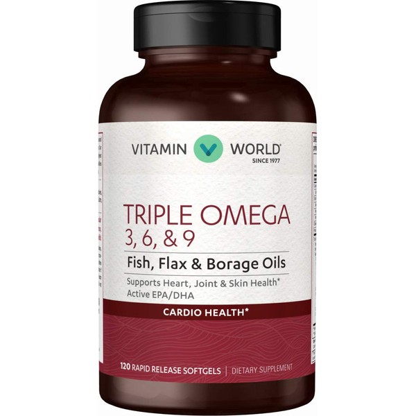 Vitamin World Triple Omega 3-6-9, Fish, Flax and Borage Oils, Active EPA DHA, Heart Health, Cardio Support, Fatty Acids, Rapid-Release, Non-GMO, Gluten Free