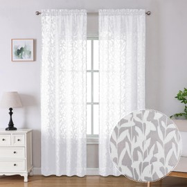 Lecloud Leia Bedroom White Sheer Curtains 96 Inches Long 2 Panels, Burnout Texture Patio Door/French Door Curtain Dual Rod Pockets, Farmhouse Leaves Living Room Drapes Window Treatment, 38W x 96L