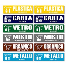 GamesMonkey® - Stickers Separate Collection Recycling Waste Rubbish v2 - Waterproof Washable Illustrated - Italian English - Compliant with UNI 11686 (15x4 cm, 12 Pieces)