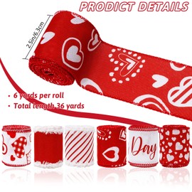 Whaline 36 Yard Happy Valentine's Day Wired Edge Ribbon Red White Love Hearts Craft Ribbon with Burr Wedding Fabric Wrapping Ribbon for Anniversary Wreath Bow Making DIY Crafts Supplies, 6 Roll