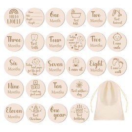 Partideal 13pcs Baby Monthly Wooden Cards 10cm Round Wooden Baby Monthly Milestone Cards and a storage bag, Baby Growth and Pregnancy Growth Cards Milestone Wooden Circles Milestone Cards-Double Sided