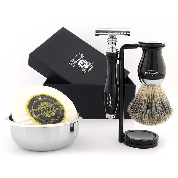 Haryali London 5 Piece Shaving Kit, Double Edge Safety Razor, Black Color Badger Brush, Soap, Bowl, Stand, Set as Gift, 1 g
