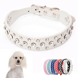 Diamond Dog Collar for Small Dogs, White Faux Leather Bling Puppy Collar Crystal Glitter Pretty Jewel Female Rhinestone Cat Collars for XXS XS Small Medium Large Pet Girls Dogs Kitten, Width 1-inch S
