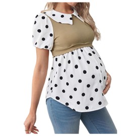 MakeMeChic Women's Maternity Blouse Polka Dots Puff Sleeve Button Front Ruffle Pregnancy Nursing Top Black Medium