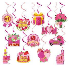 12pcs Mothers Day Decorations Hanging Swirls, Best Mum Swirl Streamers Pink Red Hanging Foil Swirls Thank You Mum Hanging Ornaments I Love Mum Happy Mothers Day Party Decorations Supplies