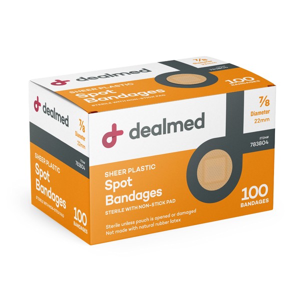 Dealmed Sheer Plastic Spot Adhesive Bandages – 100 Count (1 Pack) Bandages with Non-Stick Pad, Latex Free, Wound Care for First Aid Kit, 7/8" Diameter