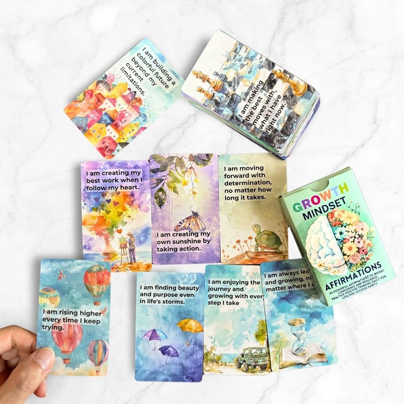UHillMinerva Growth Mindset Affirmation Cards, 52 Watercolor Illustrated with Fixed