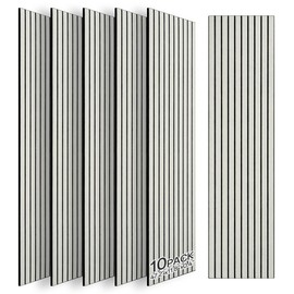 Keemute Large Acoustic Panels 48"x12"x0.4" 10 Pack Soundproof Wall Panels - Self-Adhesive 3D Slat Wall Panels Decorative Sound Absorbing Panels for Studios, Home & Office (White)