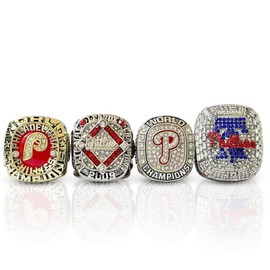RyDdpz GIFT SET PHILADELPHIA COMMEMORATIVE RINGS FOR 6-TIMES BASEBALL CHAMPIONSHIPS, 4 RINGS SET WITH 4-HOLE WOODEN DISPLAY BOX PACKAGING, HOLIDAY GIFT FOR BASEBALL FANS, Cubic Zirconia, Cubic