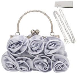 kilofly Missy K 7 Roses Clutch Purse, Satin, with Clasp Closure - Silver, with kilofly Money Clip