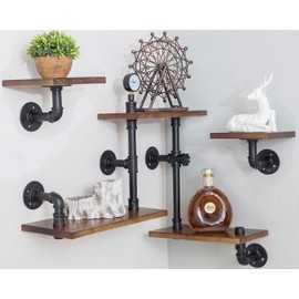 Industrial Rustic Modern Wood Ladder Pipe Wall Mounted Floating Shelves - Set of 3 Bookshelf,DIY Storage Shelving,Hung Bracket,Bookcase