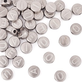 Craftdady 40pcs Stainless Steel Letter Beads Anti Tarnish Flat Round Alphabet Spacer Beads 7 mm Vowel Letter A E I O U Bracelet Beads for DIY Craft Earring Necklace Jewelry Making