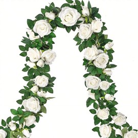 DWIND 1 Pack 24Ft Artificial Flower Garland with White Roses Fake Rose Flower Greenery Garland Floral Vines for Wedding Home Party Room Table Runner Decor