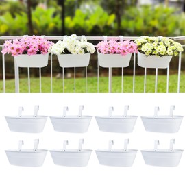 LaLaGreen Planter Boxes for Outdoor (8 Pack, 17 Inch) White Metal Deck Railing Hanging Flower Pots, Large Window Box Plant Holder Hooks Fence Rail Bucket Modern Countryside Boho Style Wall Mount Porch