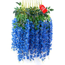 ZEBMOON 12 Pack Royal Blue Wisteria Hanging Flowers, 3.77 Ft Fake Hanging Flowers, Artificial Wisteria Garland Vines for Wedding Room Backdrop Outdoor Patio Garden Decoration