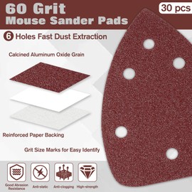 LEONTOOL 30 Pcs Mouse Sander Sandpaper 60 Grit 6 Hole Mouse Sander Pads Hook and Loop Sandpaper for Mouse Sander Detail Sander Sandpaper Sanding Disc