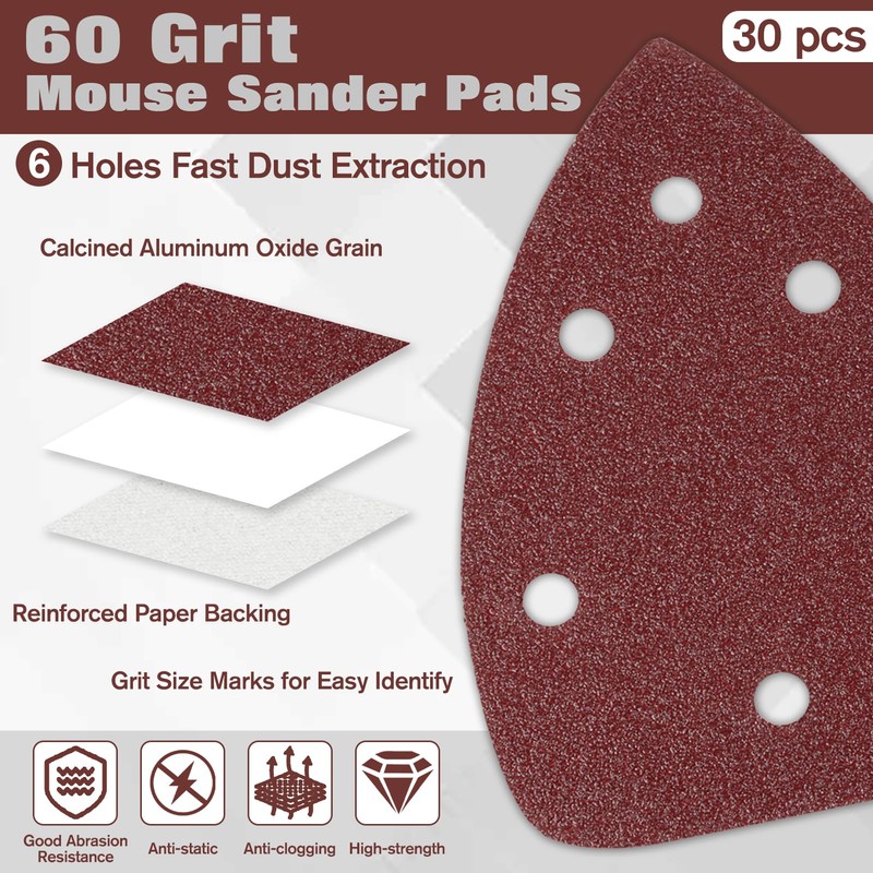 LEONTOOL 30 Pcs Mouse Sander Sandpaper 60 Grit 6 Hole