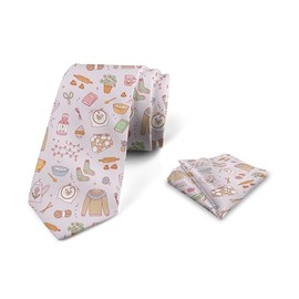 Lunarable Pastel Men's Tie Set, Cozy Winter Sweaters Wool Yarn Pastel Knitting Cupcakes Repetition, Necktie Set Groom Handkerchief for Parties Weddings & All Occasions, Pale Mauve and Multicolor