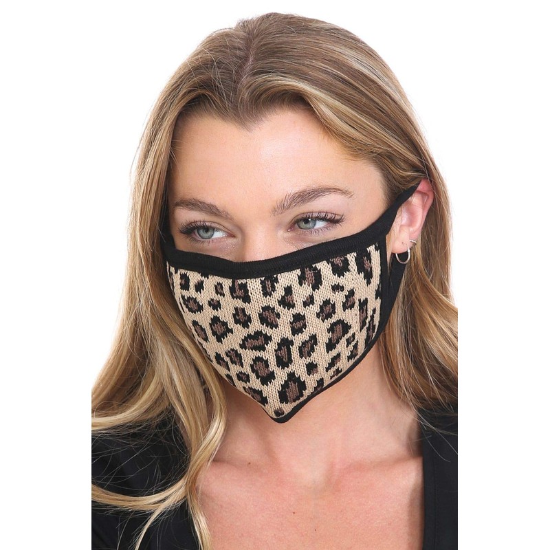 C.C Reusable Washable Knit Pattern Face Mask, Knit Leopard Latte,