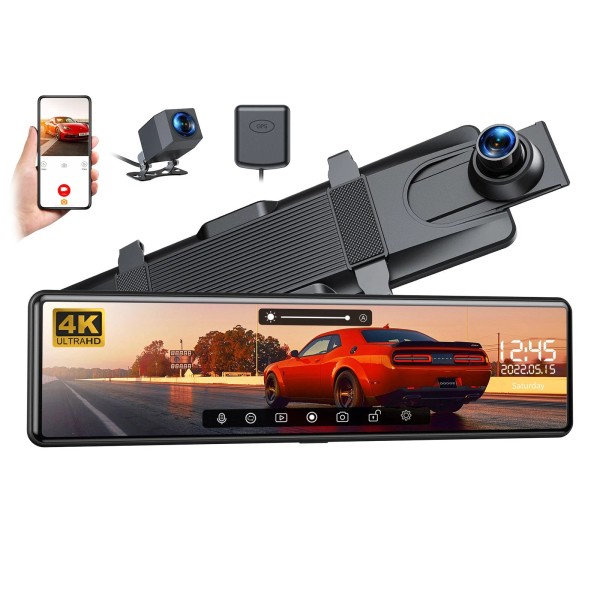 Lamtto GPS WiFi Mirror Dash Cam 4K+1080P Rear View Mirror