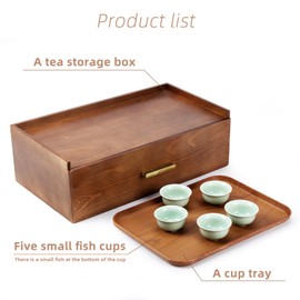 Tea organizer storage box, wood tea bag organizer, tea bag holder with drawer, wood grain tray for the tea box.Make your life more fun with 5 beautiful teacups (Small fish teacup set)