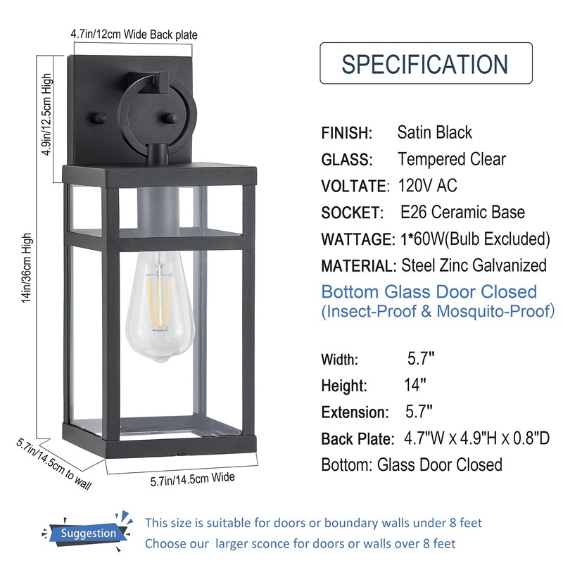 14 Inch Small Insect-Proof,Mosquito-Proof&Waterproof Exterior Wall Light, Traditional Black Anti-Rust