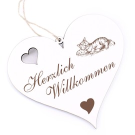 Herzlich Willkommen Sign, Cute Cat on Cushion, Decorative Heart Wooden Welcome Sign, Door Sign, Decorative Sign, Door Decoration