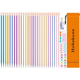Hobekoee 60pcs Aluminum Knitting Needles Set,Colored Straight Single Pointed Stainless Steel Knitting Needle Kit,13.8inch Length for DIY Handmade Knitting with Knitting Accessories,14 Size 2mm-10mm