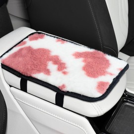 SuperKaKa Fluffy Cow Print Armrest Cover for Car,Furry Cute Center Console Pad Cars Interior Accessories for Women Men,Protector Fit Most Auto Vehicle, SUV, Truck Arm Rest Box(Pink+White)