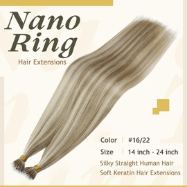 Sunny Nano Tip Hair Extensions Highlighted Invisible Nano Ring Hair Extensions Dark Ash Blonde Highlights Light Blonde Nano Real Human Hair Extensions Remy 50g 24inch