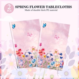 PHOGARY 2 PCS Spring Summer Floral Tablecloth, Watercolor Wildflower Tablecloth Disposable Rectangle Butterfly Tablecloths for Birthday Baby Shower Weddings Tea Party Spring Party Decorations 54"x108"
